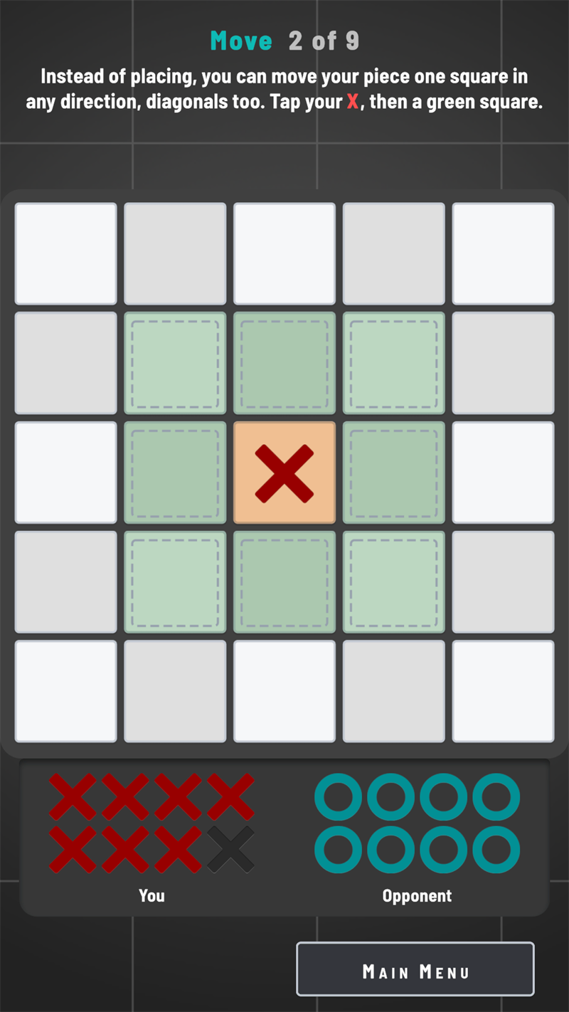 Tip Tap Attack board showing where a piece can move